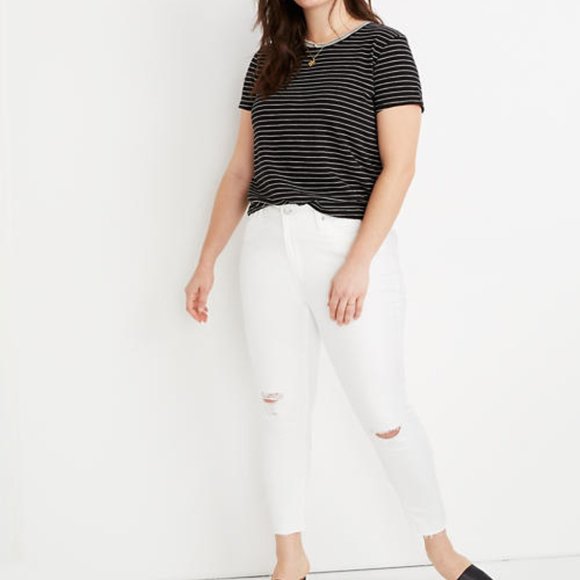 Madwell 9" Mid-Rise Skinny Crop Jeans in Pure White: Knee-Rip Edition, Size 32 - Picture 1 of 3